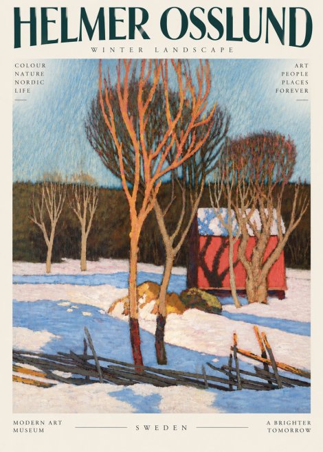 Helmer Osslund Winter Landscape with Red Barn No6 - Poster