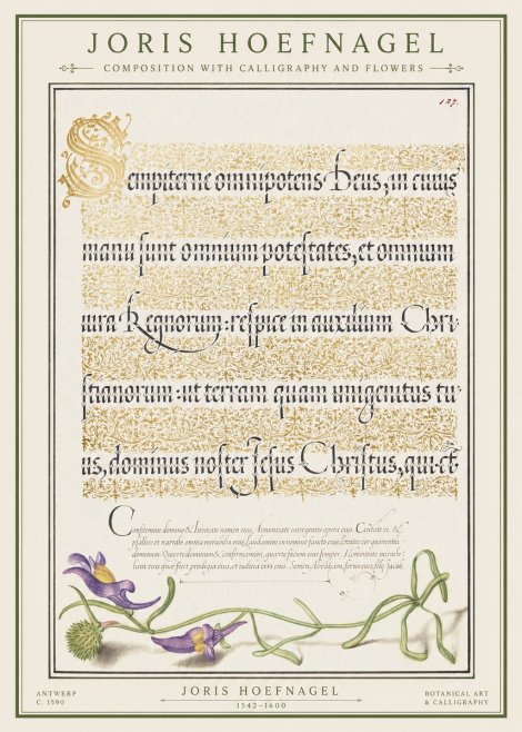 Joris Hoefnagel Composition with Calligraphy and Flowers No1 - Poster