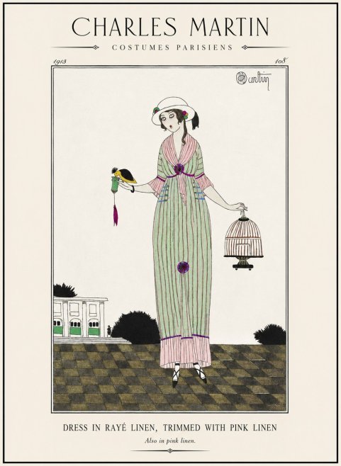 Charles Martin Dress in Rayé Linen, Trimmed with Pink Linen No1 - Poster