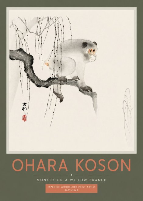 Ohara Koson Monkey on a Willow Branch No2 - Poster