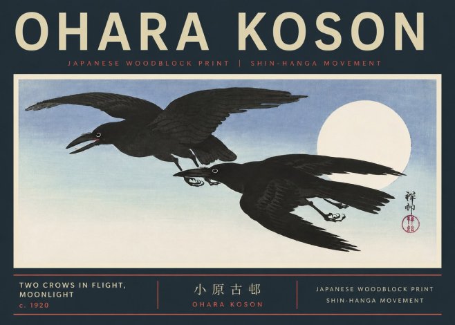 Ohara Koson Two Crows in Flight, Moonlight No6 - Poster