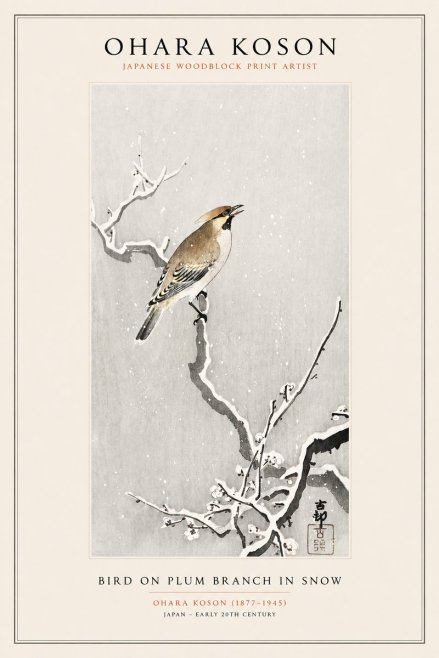 Ohara Koson Bird on Plum Branch in Snow No1 - Poster
