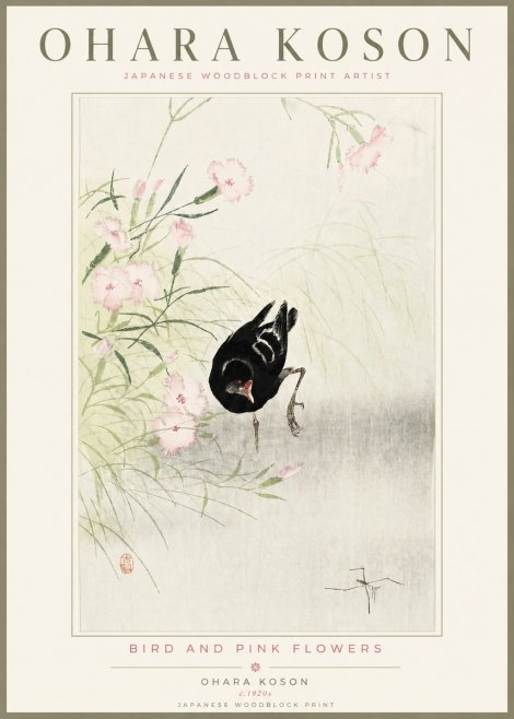 Ohara Koson Bird and Pink Flowers No4 - Poster