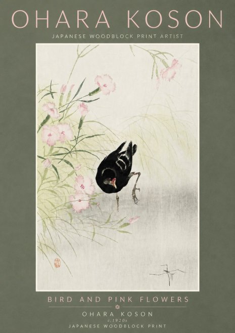Ohara Koson Bird and Pink Flowers No5 - Poster