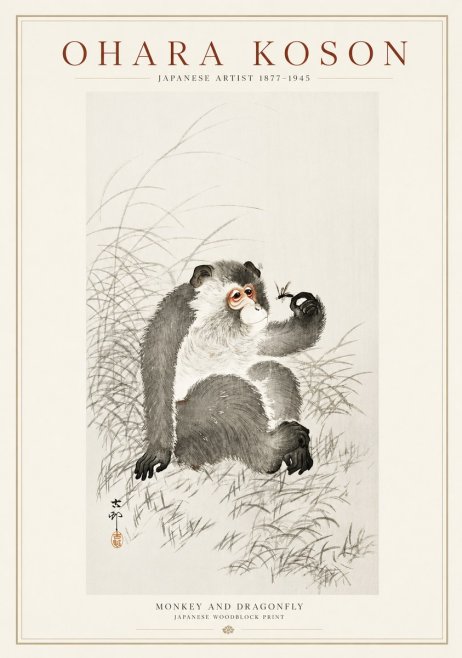 Ohara Koson Monkey and Dragonfly No1 - Poster