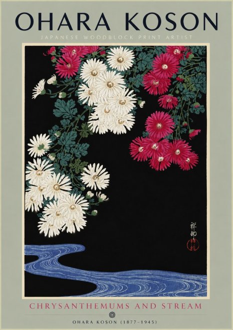 Ohara Koson Chrysanthemums and Stream No4 - Poster