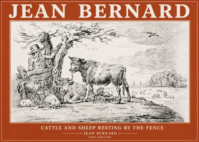 Jean Bernard Cattle and Sheep Resting by the Fence No6 - Poster
