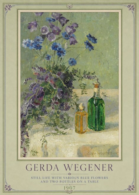 Gerda Wegener Still Life with Various Blue Flowers and Two Bottles on a Table No1 - Poster