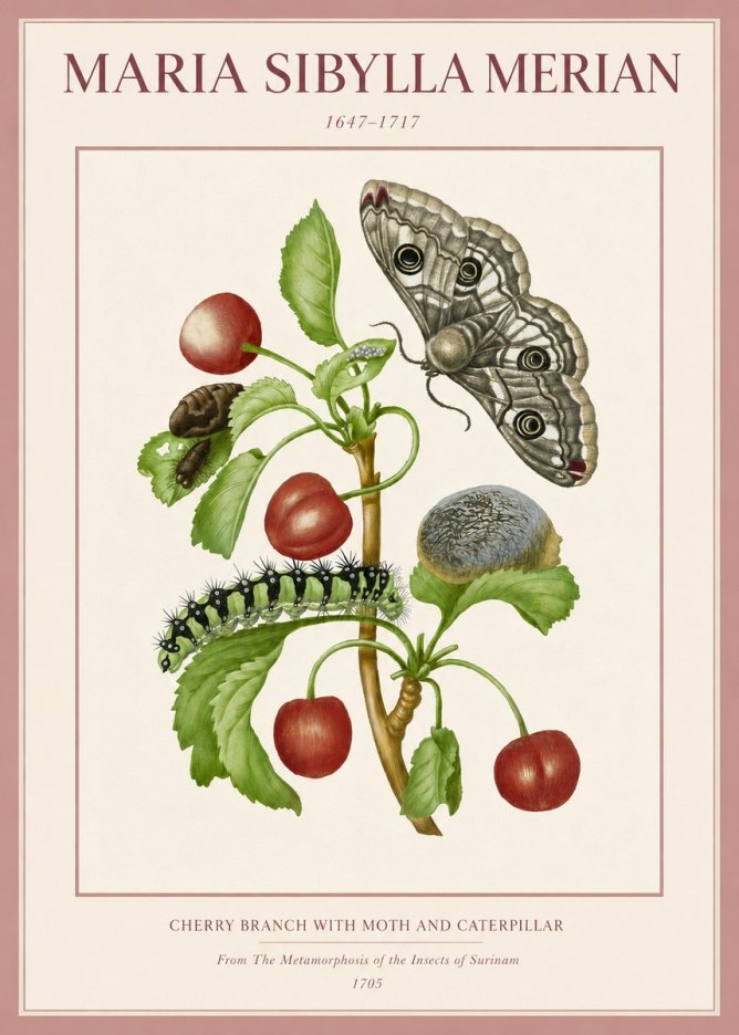 Maria Sibylla Merian Cherry Branch with Moth and Caterpillar No3 - Poster