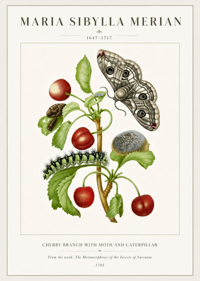 Maria Sibylla Merian Cherry Branch with Moth and Caterpillar No6 - Poster