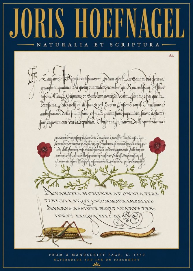 Joris Hoefnagel Illuminated Page with Flowers, Insects & Latin Script No4 - Poster