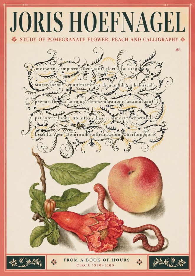 Joris Hoefnagel Study of Pomegranate Flower, Peach and Calligraphy from a Book of Hours No3 - Poster