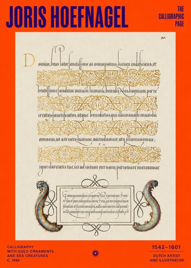 Joris Hoefnagel Calligraphic Page with Gold Ornaments and Sea Creatures No2 - Poster