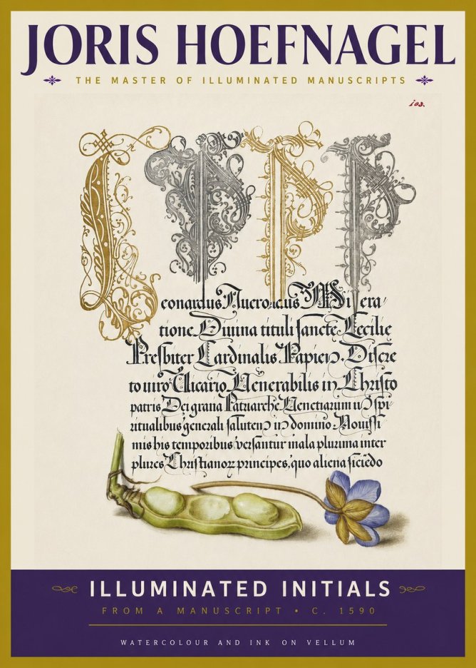 Joris Hoefnagel Illuminated Initials with Peapod and Flower No3 - Poster