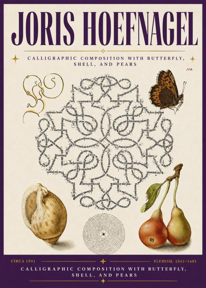 Joris Hoefnagel Calligraphic Composition with Butterfly, Shell, and Pears No6 - Poster