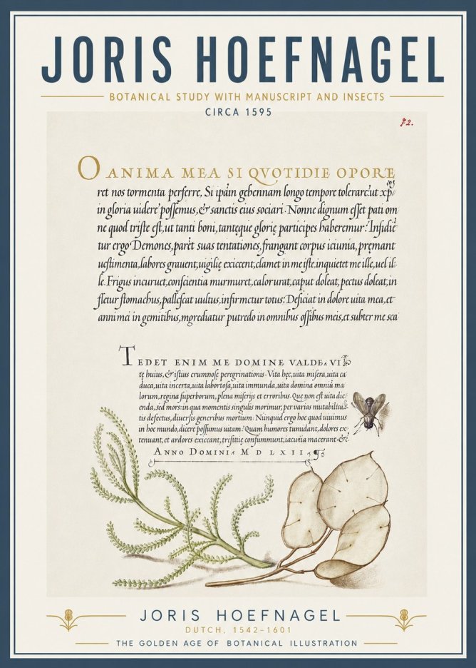 Joris Hoefnagel Botanical Study with Manuscript and Insects No5 - Poster