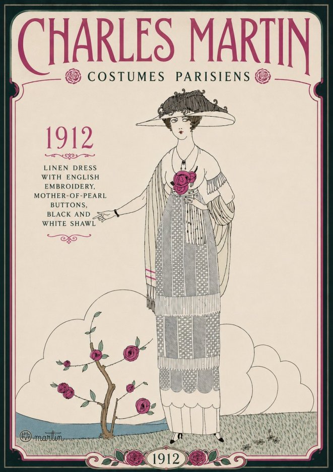 Charles Martin Linen Dress with English Embroidery, Mother-of-pearl Buttons, Black and White Shawl No6 - Poster