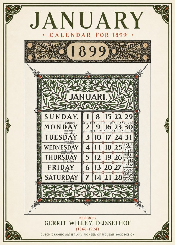 Gerrit Willem Dijsselhof January. Calendar for 1899. No1 - Poster