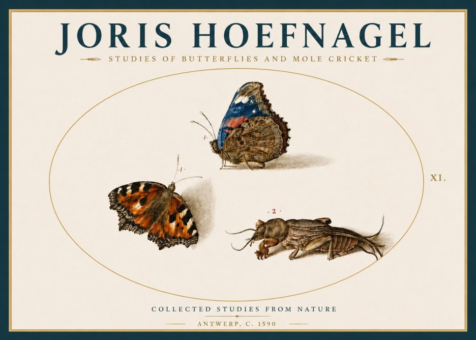 Joris Hoefnagel Studies of Butterflies and Mole Cricket No4 - Poster