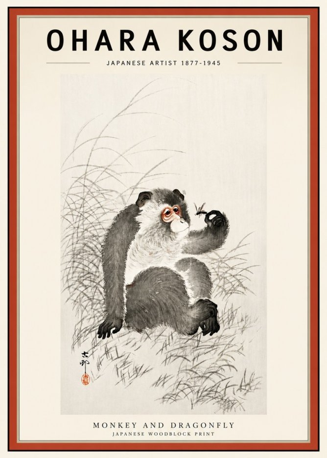 Ohara Koson Monkey and Dragonfly No3 - Poster