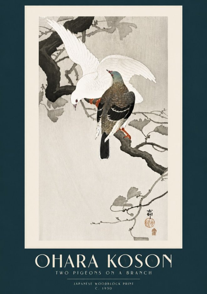 Ohara Koson Two Pigeons on a Branch No5 - Poster