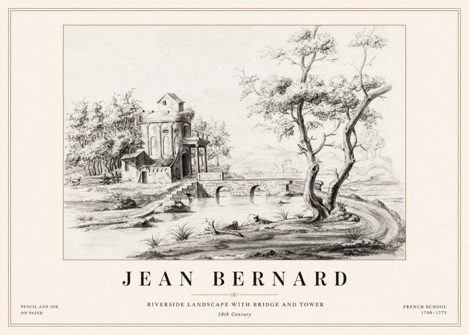 Jean Bernard Riverside Landscape with Bridge and Tower No1 - Poster