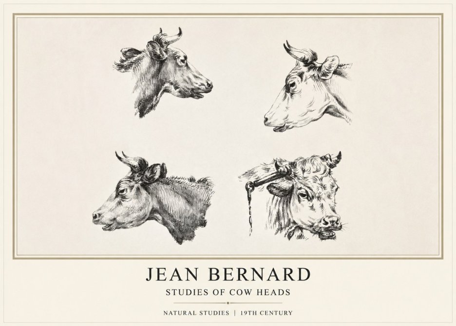 Jean Bernard Studies of Cattle - Four Heads No2 - Poster
