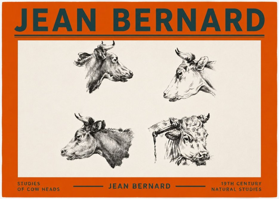 Jean Bernard Studies of Cattle - Four Heads No3 - Poster
