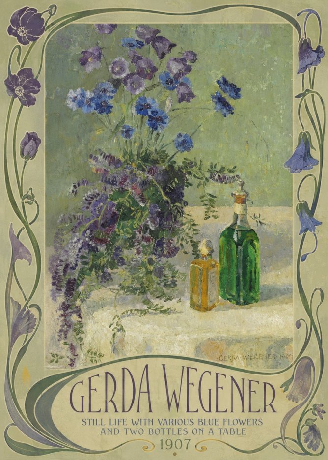 Gerda Wegener Still Life with Various Blue Flowers and Two Bottles on a Table No2 - Poster