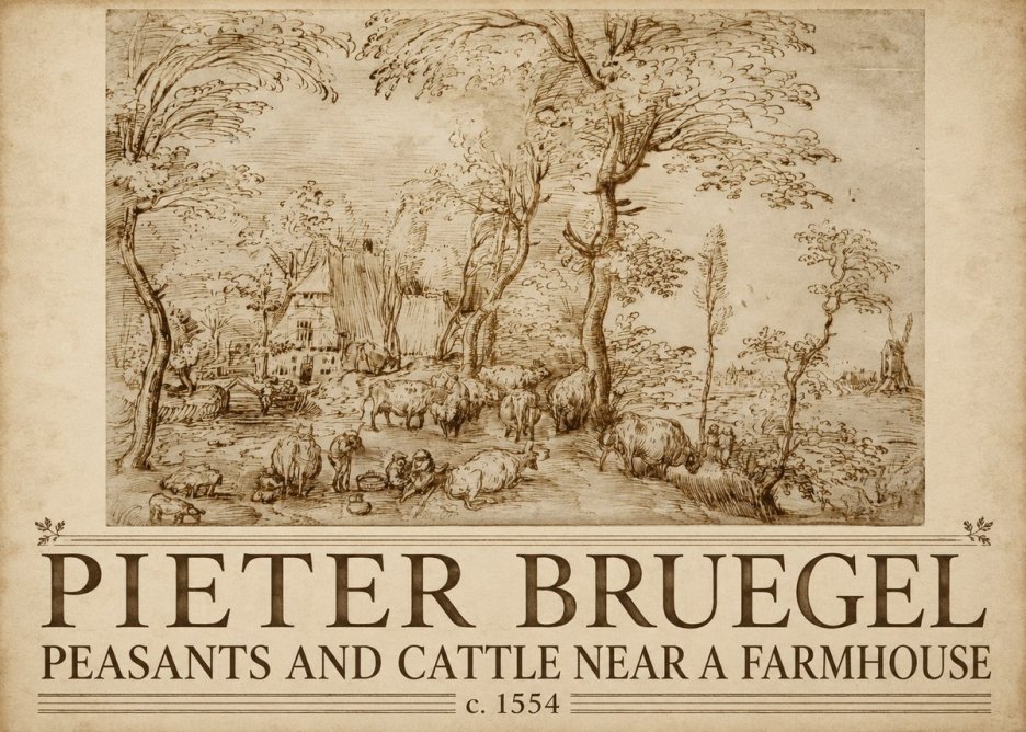 Pieter Bruegel Peasants and Cattle Near a Farmhouse No5 - Poster