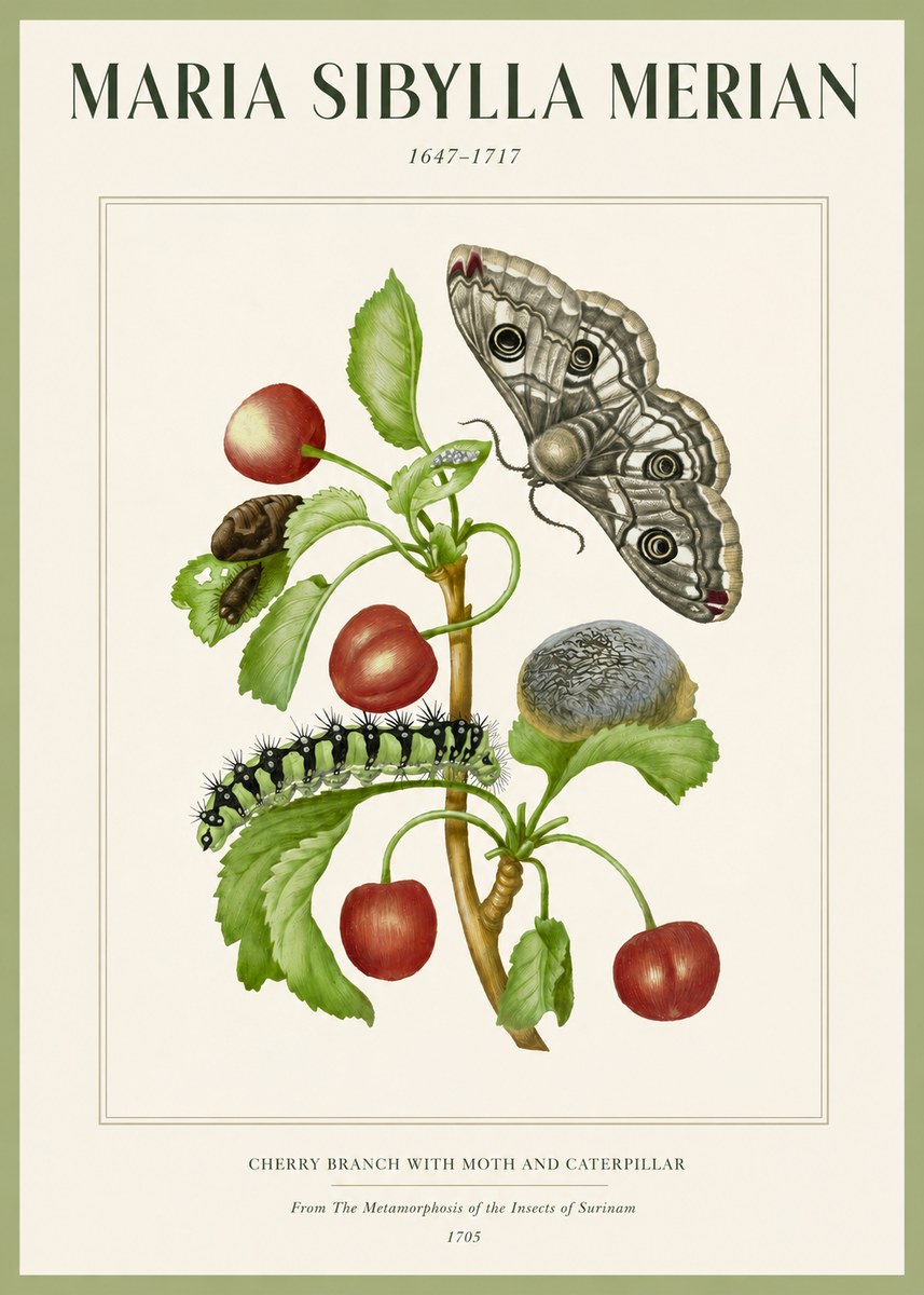 Maria Sibylla Merian Cherry Branch with Moth and Caterpillar No2 - Poster
