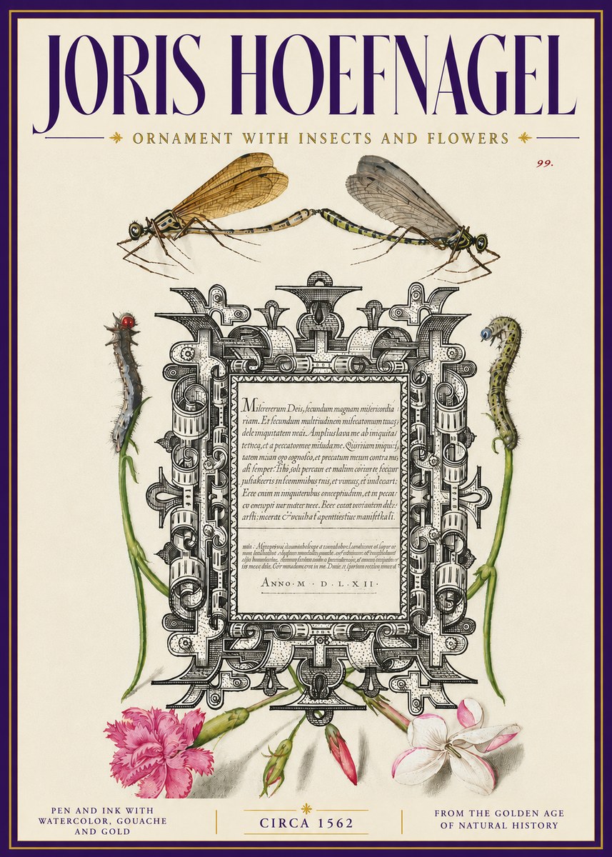 Joris Hoefnagel Ornamental Frame with Damselflies, Caterpillars and Flowers No6 - Poster