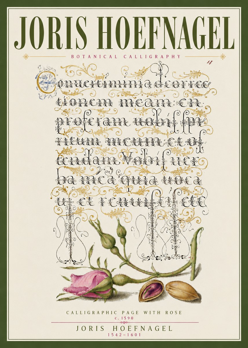 Joris Hoefnagel Calligraphic Page with Rose No3 - Poster