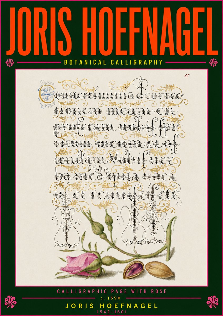 Joris Hoefnagel Calligraphic Page with Rose No5 - Poster
