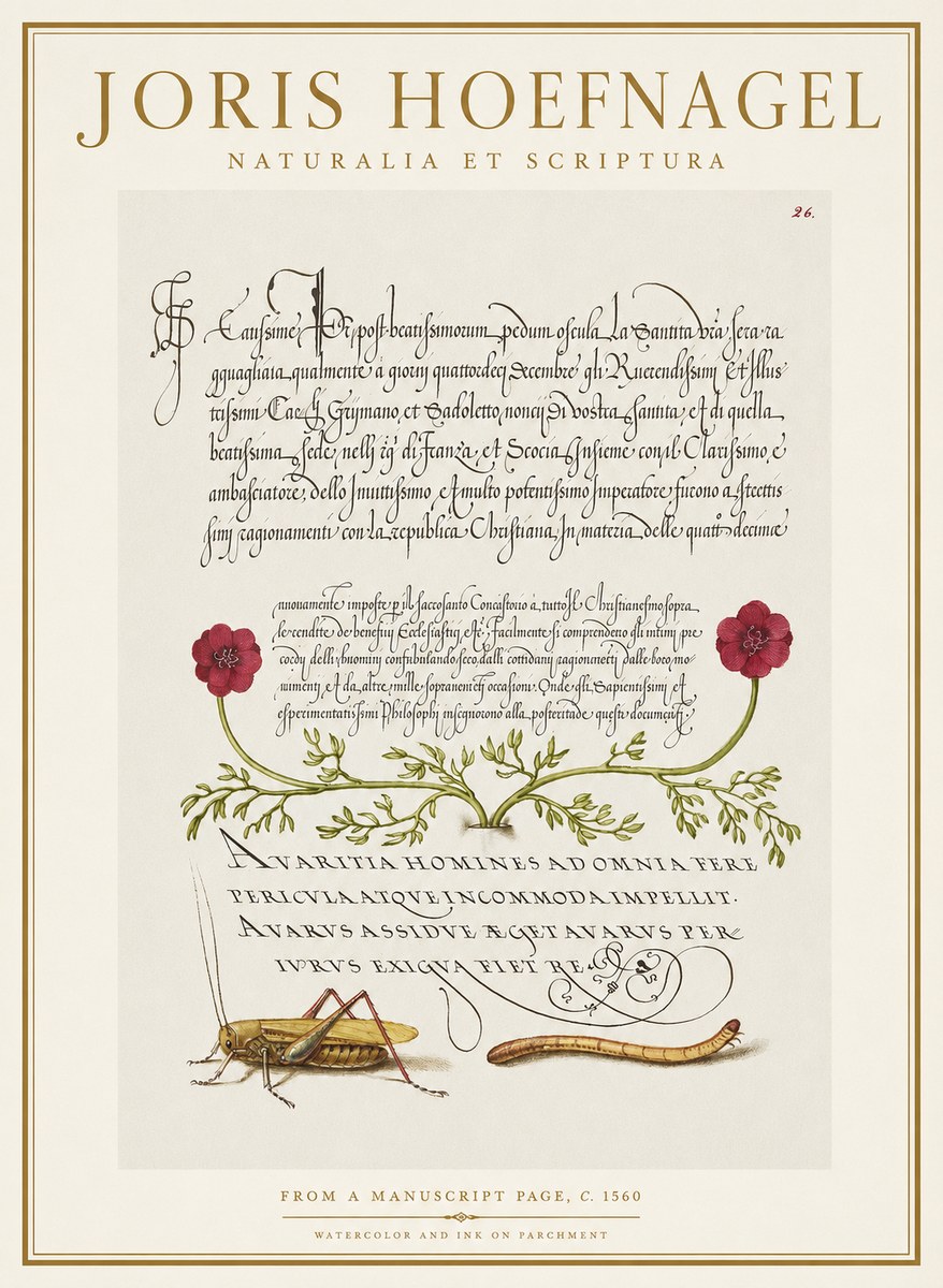 Joris Hoefnagel Illuminated Page with Flowers, Insects & Latin Script No2 - Poster
