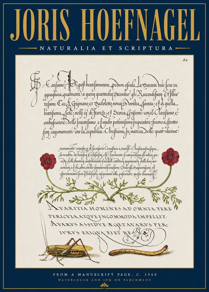 Joris Hoefnagel Illuminated Page with Flowers, Insects & Latin Script No4 - Poster