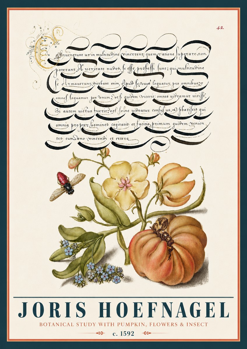 Joris Hoefnagel Botanical Study with Pumpkin, Flowers & Insect No5 - Poster