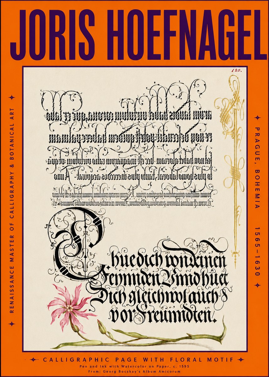 Joris Hoefnagel Calligraphy with Floral Ornament No5 - Poster