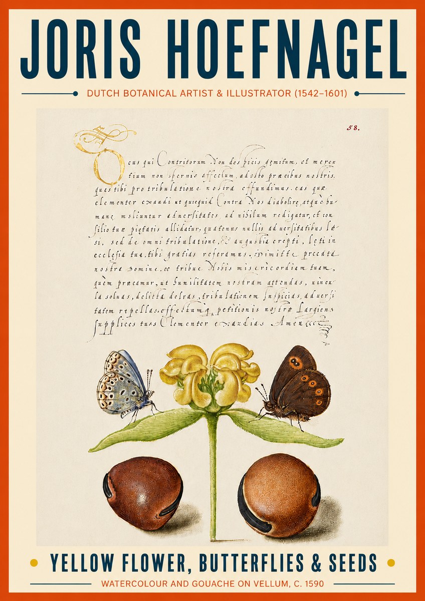 Joris Hoefnagel Yellow Flower, Butterflies & Seeds No6 - Poster