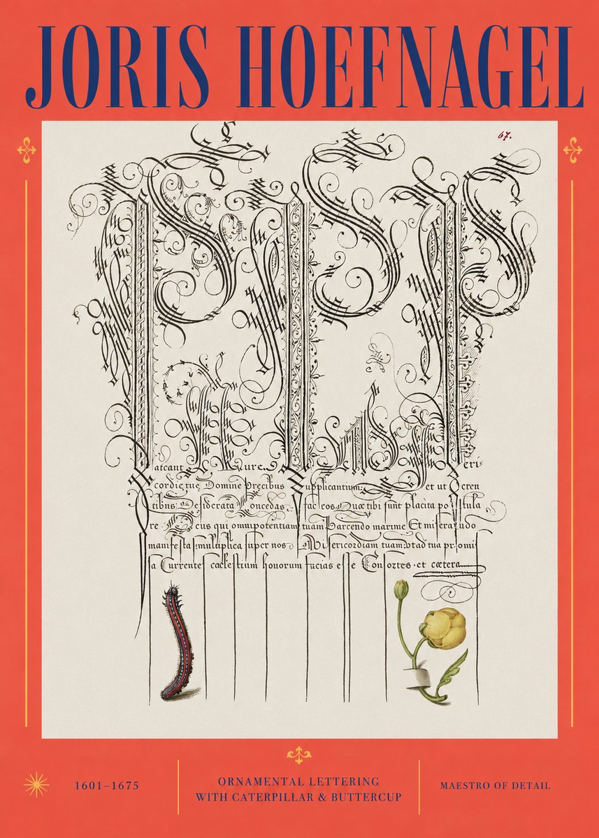 Joris Hoefnagel Ornamental Calligraphy with Caterpillar and Buttercup No3 - Poster