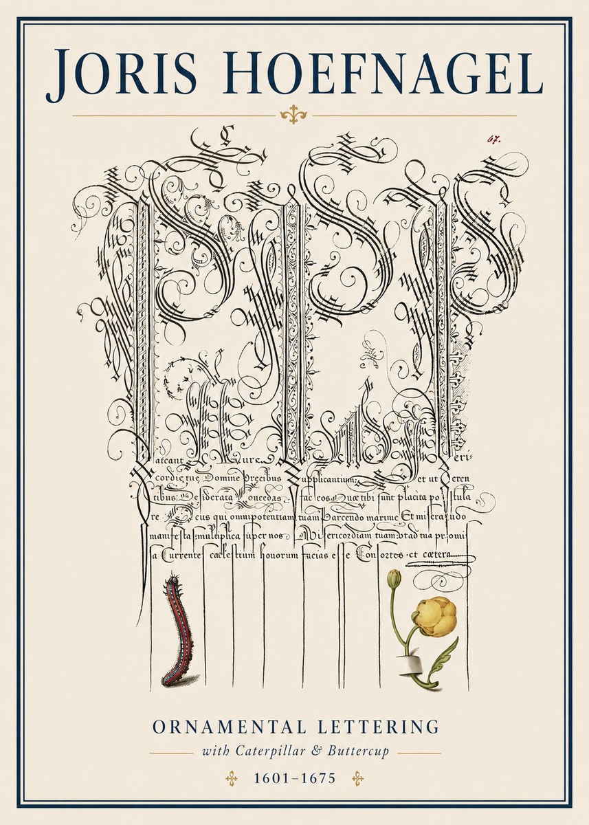 Joris Hoefnagel Ornamental Calligraphy with Caterpillar and Buttercup No4 - Poster