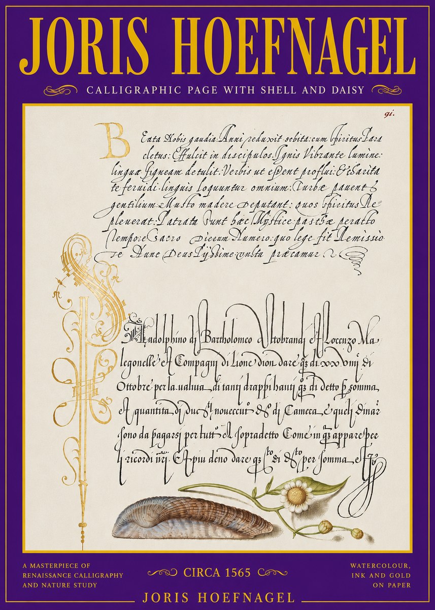Joris Hoefnagel Calligraphic Page with Shell and Daisy No3 - Poster