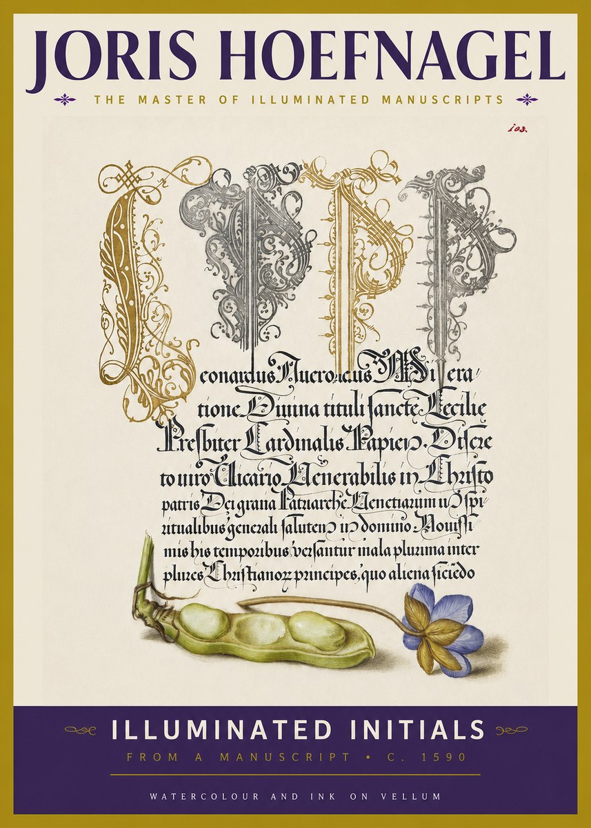 Joris Hoefnagel Illuminated Initials with Peapod and Flower No3 - Poster