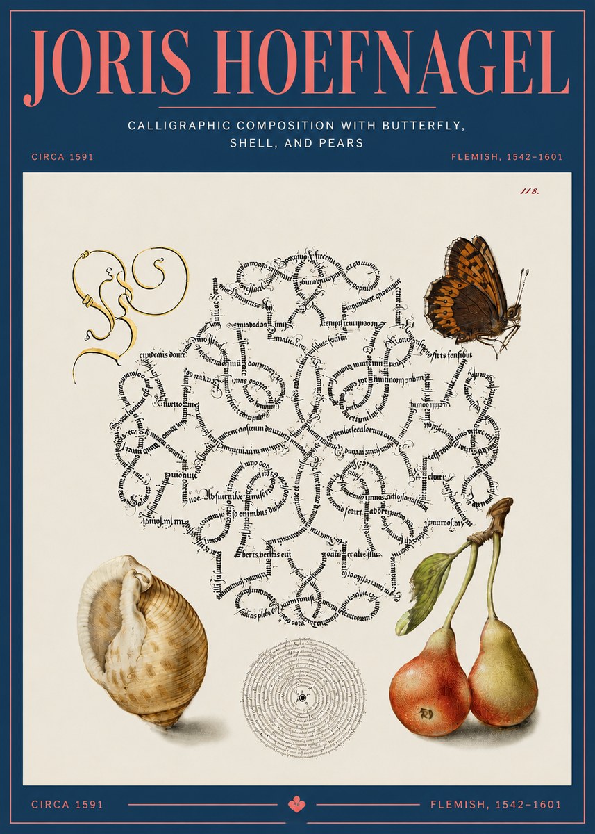 Joris Hoefnagel Calligraphic Composition with Butterfly, Shell, and Pears No4 - Poster