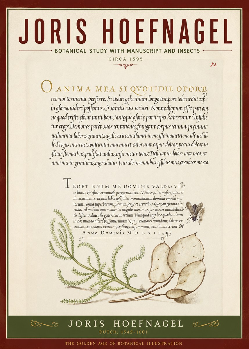 Joris Hoefnagel Botanical Study with Manuscript and Insects No2 - Poster