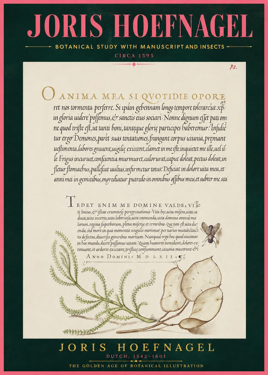 Joris Hoefnagel Botanical Study with Manuscript and Insects No4 - Poster