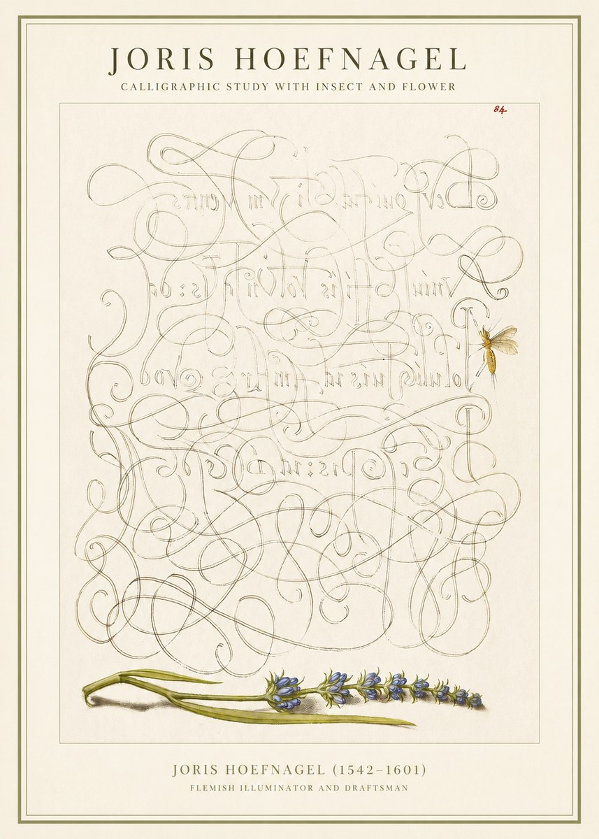 Joris Hoefnagel Calligraphic Study with Insect and Flower No1 - Poster