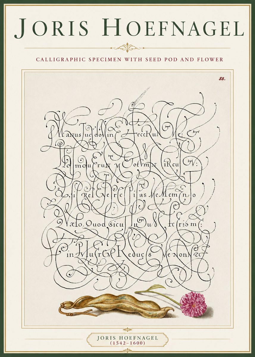 Joris Hoefnagel Calligraphic Specimen with Seed Pod and Flower No3 - Poster