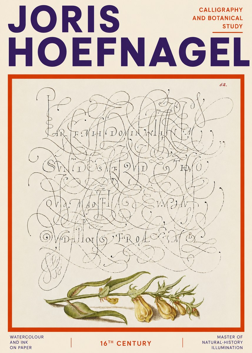 Joris Hoefnagel Calligraphic Practice with Botanical Study No4 - Poster
