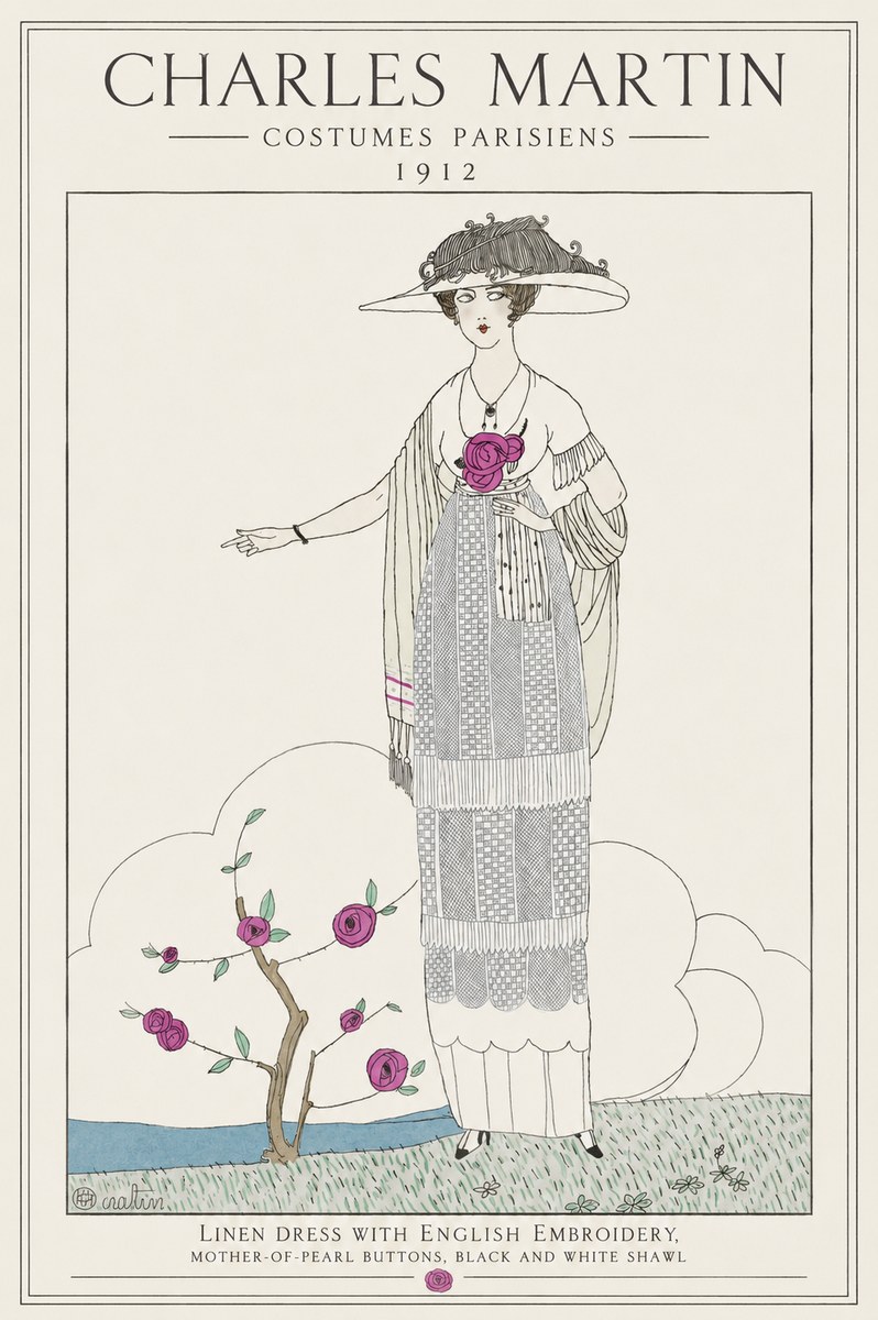 Charles Martin Linen Dress with English Embroidery, Mother-of-pearl Buttons, Black and White Shawl No1 - Poster